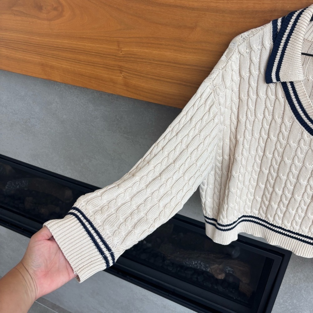 Lulus Posh Expert Beige Cable Knit Pullover Varsity Sweater, Size S - Picture 10 of 15
